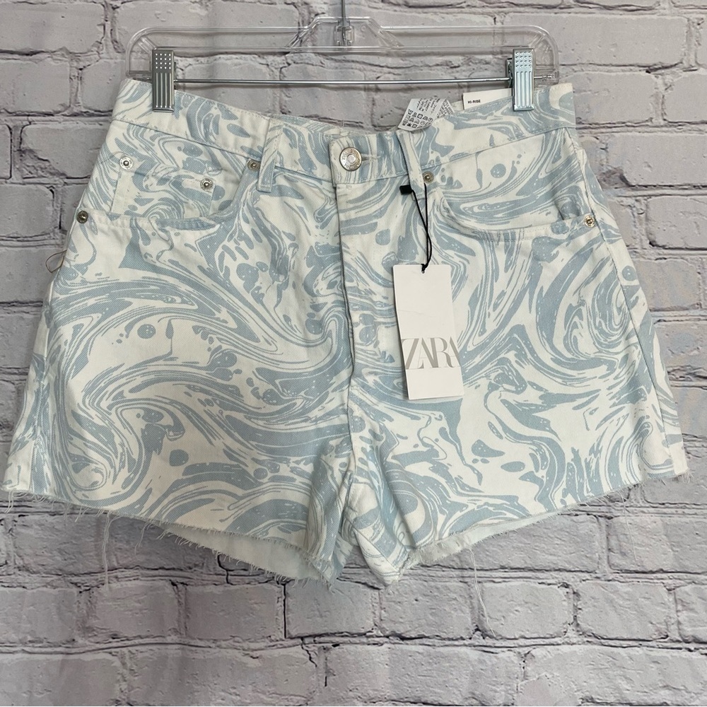NWT New Zara White Blue High Rise Shorts Size 8